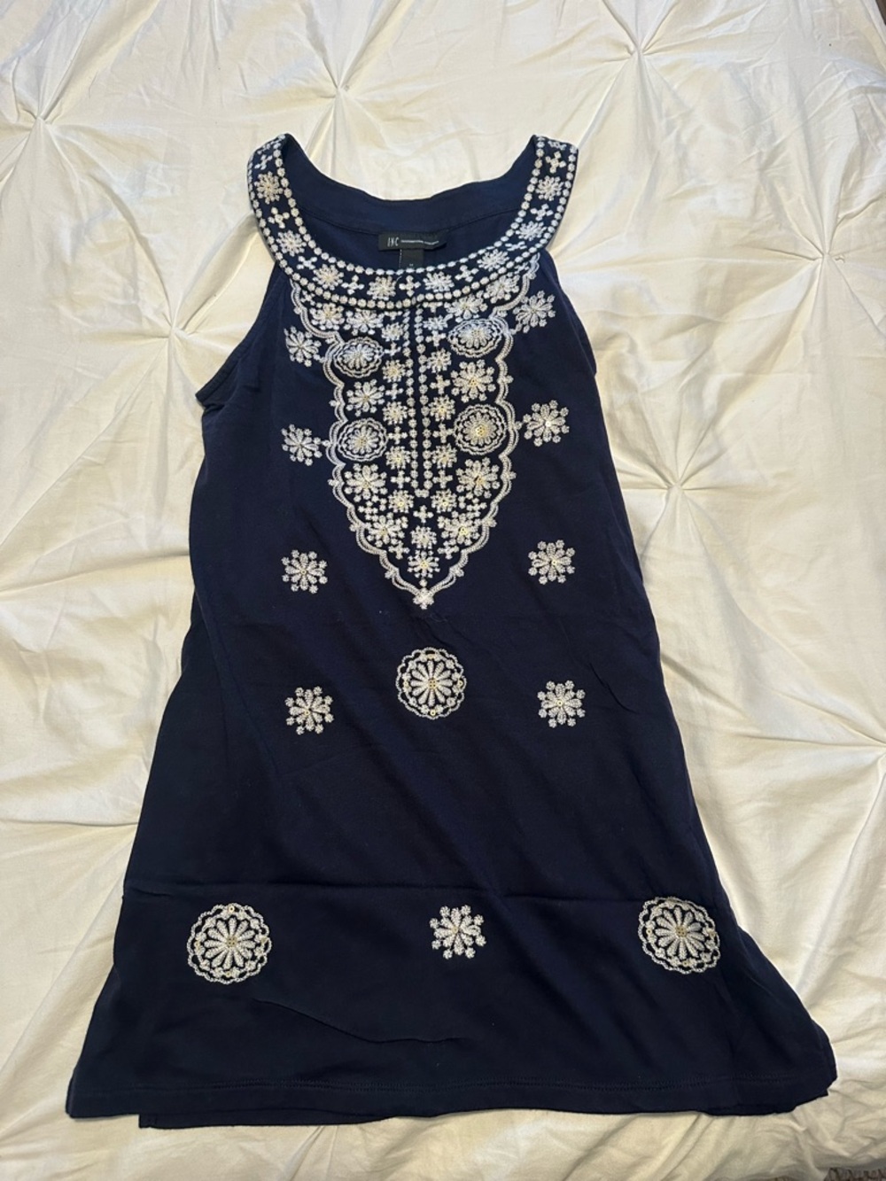 Navy Embroidered Tank Dress with White Floral Details